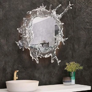Modern Bathroom Water Splash Mirror Unique Wall Accent Mirror W/LED Background - Picture 1 of 15