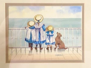Faye Whittaker THREE SISTERS FRIENDS AT THE BEACH SEASIDE With DOG PRINT FRAMED - Afbeelding 1 van 8