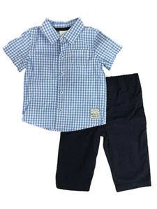 Infant Boys Blue Plaid Baby Outfit Check Button Front Shirt & Khaki Pants 12m - Picture 1 of 1