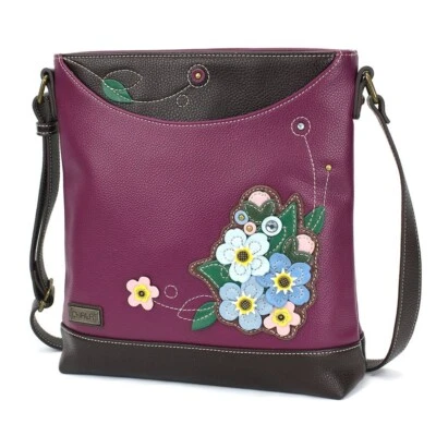 NEW CHALA PURPLE FORGET ME NOT FLOWER SWEET MESSENGER CROSSBODY TOTE FAUX LEA - Image 1 of 4