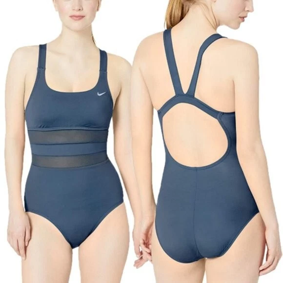 Nike Swim Women’s Mesh V Back One Piece Swim Suit BLUE NESS9365-440 Medium M