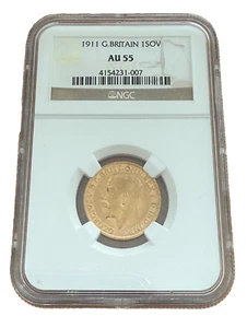 Great Britain 1911 Gold 1 Sovereign NGC AU55 George V - Picture 1 of 2
