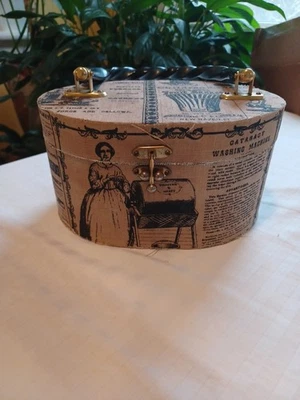 Vintage 70s decoupage oval wood purse pocketbook black/white newsprint from kit  - Image 1 of 4