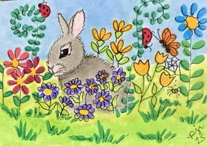 “Peace In The Flowers”ACEO Mini Orig. Folk Art By Outsider PJR. Read Description - Picture 1 of 1