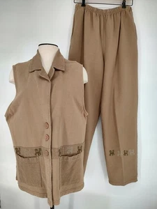 Viva City Woman's Pant Outfit Beige Vest + Pants Size XL Vintage Cat Picture USA - Picture 1 of 15