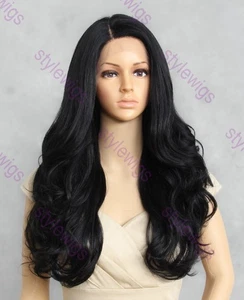 Tiefschwarze lose Wellen lange geschichtete Hitze OK Lace Front Echthaar Mischung Perücke EVGK - Bild 1 von 10