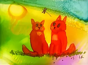 ACEO Original orange Cats dragonfly painting by Lynne Kohler 2.5x3.5" - Picture 1 of 1