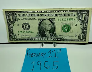 One Dollar Birthday Note February 11th 1965.Fancy Serial Number 2 11 1965. - Picture 1 of 5