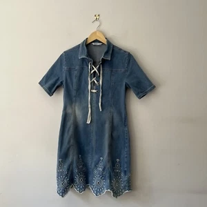Desigual Blue Denim Embroidered Lace Up Mini Dress Unusual Boho UK 12 EU 40 - Picture 1 of 15
