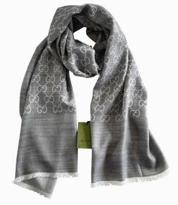 🆕️NEW Authentic GUCCI Gray GG PATTERN Wool Silk Pashmina Shawl Stole Long Scarf - Image 1 of 4