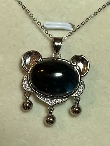 925 Sterling Silver Plated Rainbow Labradorite Money Bear Mouse Pendant Necklace - Picture 1 of 15