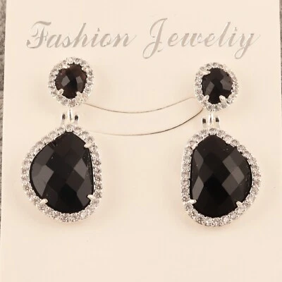 Black Onyx Stud Earring CZ Quartz Handmade Jewelry Black Rhodium Bridal Earring - Image 1 of 4