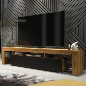 200cm I Modern TV Unit I Cabinet Stand with Storage I Oak I Matt Black Doors - Picture 1 of 6