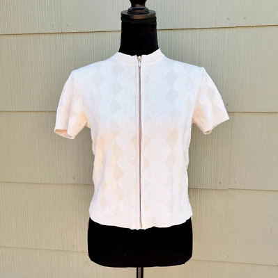 Винтажный VALENTINO TRICOTS 90-х годов моды опрятный Argyle шелк коротким рукавом молнии верхний РЕДКАЯ - Изображение 1 из 4