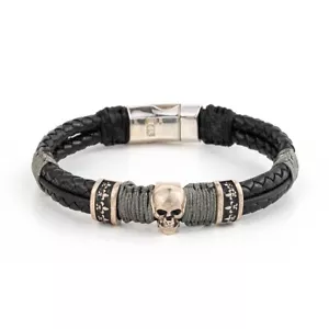 Silver Skull Black Leather Bracelet, Men's Bracelet, Gothic Bracelet - Picture 1 of 4