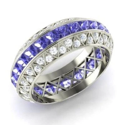3.70 Ct Natural Tanzanite Diamond Eternity Wedding Band 14K Real White Gold 6 7 - Image 1 of 4