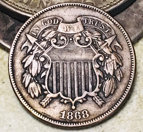 1868 Two Cent Piece 2C CHOICE FULL MOTTO US Copper Coin CC18589 Cover