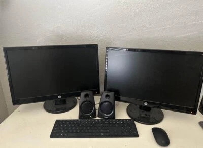 Two HP 20.7” LED FHD Dual Computer Screen Monitors, Speakers, Mouse & Keyboard - Image 1 of 3