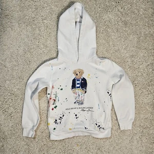 Polo Bear Ralph Lauren Pullover Hoodie Youth Sz 7 Paint Splatter White - Picture 1 of 10