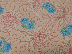 3+ YARDS x 36" Vintage COTTON Quilt FABRIC PINK BLUE Large FLoral Mums Feedsack - Picture 1 of 5