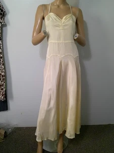 Vtg 30s 40s Deco Jean Harlow Style Long Yellow Sweep Nightgown Slip Side Hooks M - Picture 1 of 18