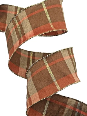 3.5Yd 4" Wide Dupioni Fall Plaid Ribbon Orange Brown Gold Metallic Wired Mary - Image 1 of 2