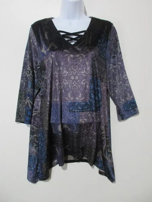 NWT $79 Sz 1 Chico's Velour Patchwork Purple Blue Tunic Top Boho Lace Up M - Image 1 of 4