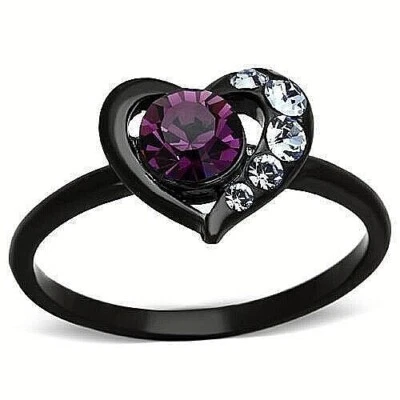 Anillo redondo de acero inoxidable simulado amatista circonita cúbica corazón púrpura negro para mujer Foto 1 de 4