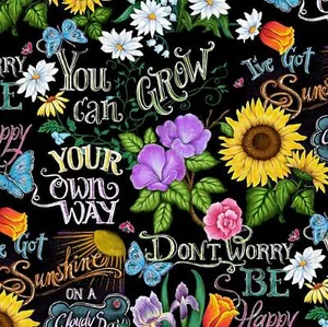 I've Got Sunshine Don't Worry Be Happy Black 100% Cotton Fabric by 1/2 of a Yard - Picture 1 of 1