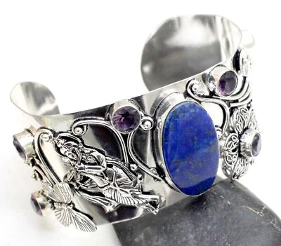 925 Sterling Silver Lapis Lazuli Gemstone Jewelry Cuff Bracelet - Image 1 of 4