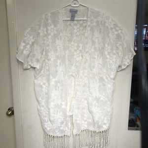 Catherines Women Embroidery Kimono SZ OX 1X White Floral Open Front Tassel Boho - Picture 1 of 9