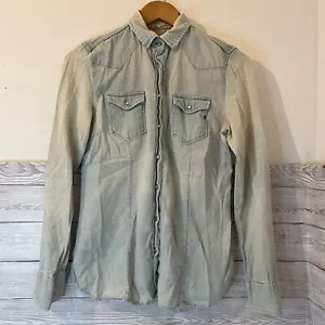 REPLAY Women’s Denim Shirt Western Snap Blue Distressed Cotton Size Small - Picture 1 of 15