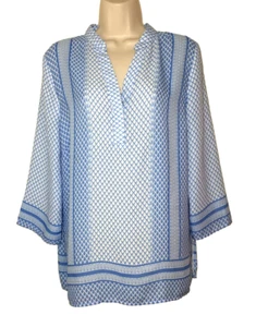 Norm Thompson L Tunic Top Blue White 3/4 Sleeve Split Neck Blouse Bust 41" - Picture 1 of 10