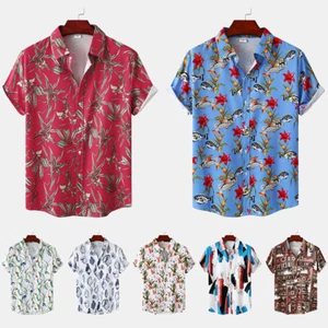 Camicia uomo manica corta hawaiana bottoni maglietta tropicale estiva spiaggia casual ♡ - Foto 1 di 21