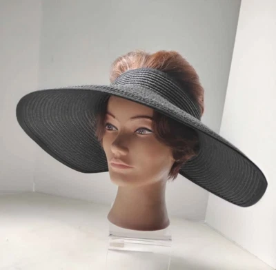 Black Visor Wide Brim Straw Hat Summer Beach Hat Women's Open Top New - Image 1 of 4