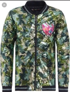 Desigual Jacket Children Madagascar Avocado Camouflage Sequined Nwt Size 13/14 - Picture 1 of 8