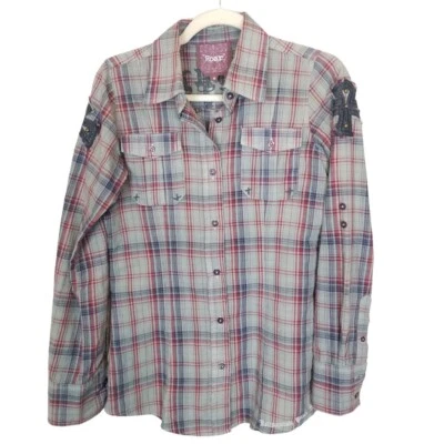 Camisa bordada Roar feminina M cinza xadrez manga comprida botão para cima Vanquish MRS - Imagem 1 de 4