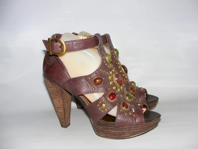 Vince Camuto Brown Size 8 Leather Platform 4" Heels Studded Beading Buckle Shoes - Image 1 of 4