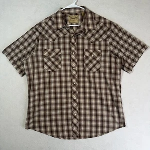 Wrangler Shirt Mens XL Brown Beige Plaid Western Rodeo Pearl Snap Short Sleeve - Picture 1 of 13