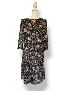 US VTG ILGWU 80's Damon Petites Sz 10 Black Stripe Floral Pleated Blouson Dress - Picture 1 of 24