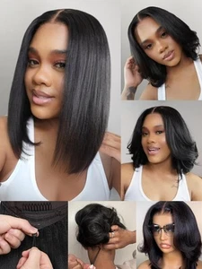 Yaki Straight Bob Drawstring Wig Human Hair Glueless Pre Cut 7x5 HD Bye Bye K... - Picture 1 of 9
