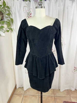 Vtg 80s Contempo Casuals Black Suede Mini Dress Peplum Body Con Long Sleeve 6/S - Image 1 of 4