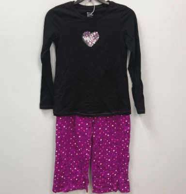 Conjunto de pijama de corazón de lentejuelas negro y púrpura de 2 piezas talla pequeña PJ41610 Foto 1 de 4