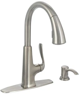 Kitchen Sink Faucet Pull-Down Sprayer 1-Handle With Deck Plate Stainless Steel - Picture 1 of 8