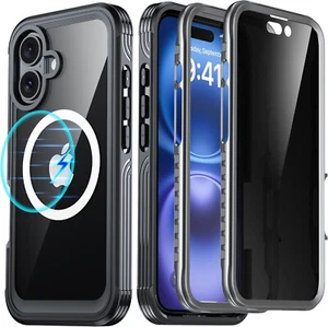For iPhone 16 Black,Double Front Frame Built-in 9H Tempered Glass Priv Scrn Pro - Photo 1 sur 4