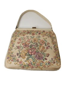 Embroidered and leather purse cream, Vtg 1960's Ladies brass clasp, coin purse - Picture 1 of 8