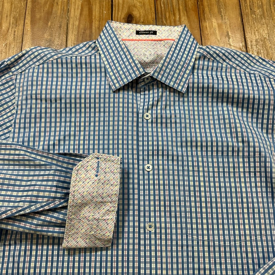 Bugatchi Uomo Shirt Mens L Multicolor Plaid Flip Cuff Geometric Office - EUC - Image 1 of 4