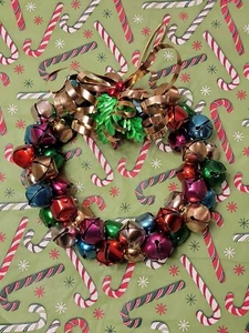 Metal Christmas Jingle Bells Wreath Multicolored Holly Ribbon for the Holidays - Picture 1 of 6