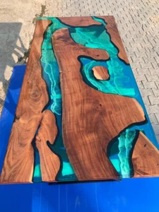 Mesa de río epoxi océano turquesa - Muebles de arte de resina de madera con borde vivo - Imagen 1 de 15