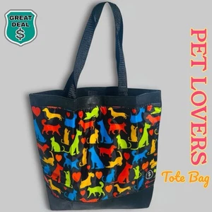 Hunde Katzen Tiere Nylon Stoff Medium Beuteltasche Tasche Handtasche schwarz bunt 16x16. - Bild 1 von 5